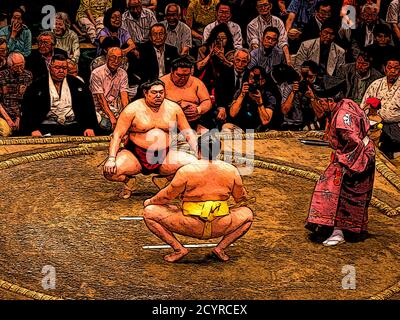 Richter und Sumo-Ringer beim Tokyo Grand Sumo Turnier, Japan Stockfoto