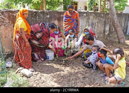 Beawar, Indien. Oktober 2020. Lehrer und Anganwadi-Arbeiter Pflanzen anläßlich Mahatma Gandhis 151. Geburtstag in Beawar einen Sprössling in einem Schlagloch. (Foto von Sumit Saraswat/Pacific Press) Quelle: Pacific Press Media Production Corp./Alamy Live News Stockfoto