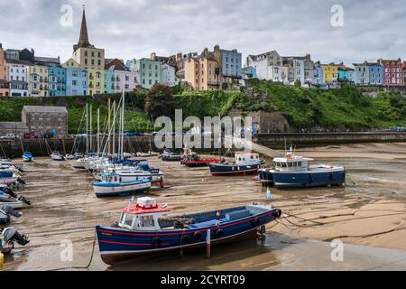 Bunte Häuser überblicken den Hafen und North Beach bei Ebbe, Tenby, Pembrokeshire Coast National Park, Pembrokeshire, Wales Stockfoto