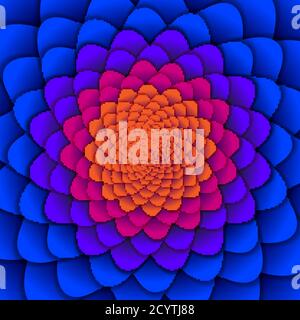 Abstrakter Hintergrund. Spiralblütenmuster in rot und blau. Abstrakte Lotusblume. Esoterisches Mandala-Symbol. Stock Vektor