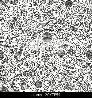 Nahtloses handgezeichnetes Katzentraum-Muster. Malseite. Handgezeichnete Illustration. Perfekter Antistress. Blumen, Fische, Spielzeug und andere Katzen Mitarbeiter. Doodle Stock Vektor