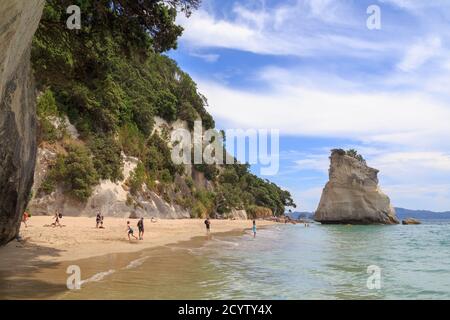 Cathedral Cove, eine Touristenattraktion auf der Coromandel Peninsula, Neuseeland. Ein Blick auf den Strand und Te Hoho Rock Stockfoto