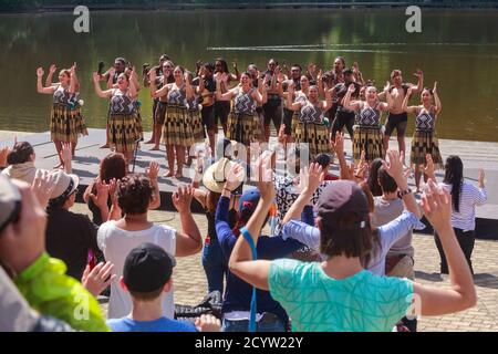Eine neuseeländische Maori-Kulturgruppe, die einen Tanz auf der Bühne vorführt, wobei das Publikum ihre Bewegungen kopiert. Hamilton, Neuseeland, März 23 2019 Stockfoto