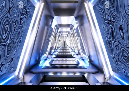 3D Illustration eines fremden Raumschiffs oder Raumstation Flur. Stockfoto