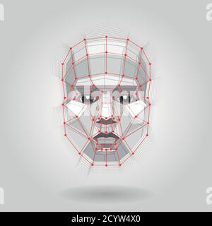 Polygonales menschliches Gesicht auf Licht. Futuristisches Konzept Abstraktes 3D Gesicht nach Formen. Stock Vektor
