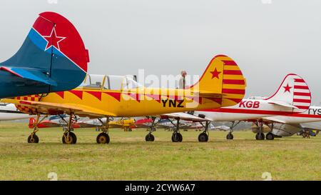 Eine Reihe von Jakowlew Jak-52 Flugzeugen, Trainerflugzeuge aus der ehemaligen Sowjetunion, auf einer Flugschau. Mount Maunagnui, Neuseeland, 1/26/2014 Stockfoto