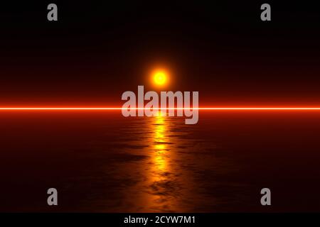 3D-Illustration eines Sonnenuntergangs über einem fremden Science-Fiction-Planeten. Stockfoto