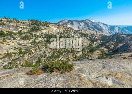 Panorama von Olmsted Point, an der Tioga Pass Road im Yosemite National Park, California, USA. Top Blick zu sehen: Tenaya Canyon, Half Dome Stockfoto