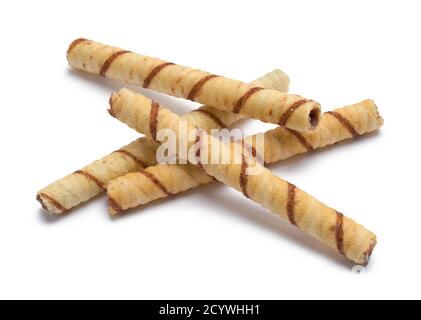 Stapel von Schokolade Wafer Cookie Sticks isoliert auf Weiß. Stockfoto