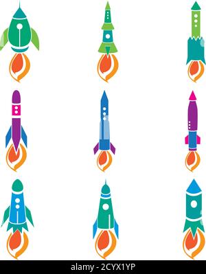 Startsymbol. Farbige Raketen. Der Raketenabschussvektor. Icon Design Raketen, Raumschiffe, Rakete. Das Konzept des Starts von Symbolen für Geschwindigkeitsermittlungen Stock Vektor