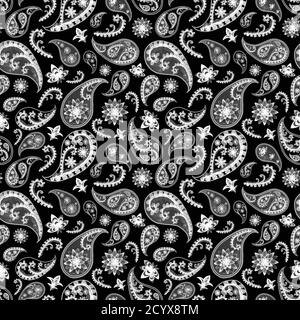 Schwarz-weiß Paisley orientalisch floral abstrakt vintage nahtlose Textur. Aquarell handgezeichnetes Muster auf schwarzem Hintergrund. Tapete, Umhüllung, tex Stockfoto