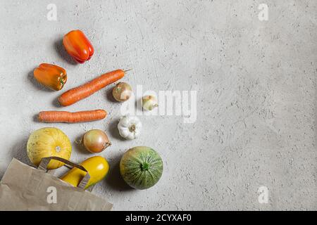 Frisches Bio-Gemüse - Paprika, Zucchini, Knoblauch, Zwiebeln, Karotten und umweltfreundliche Papiertüte auf grauem Hintergrund. Kunststofffreies Einkaufen Stockfoto