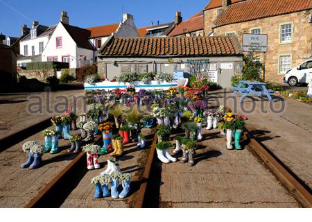 St Monan's, Schottland, Großbritannien. Oktober 2020. Schönes sonniges Wetter im Welly Boot Garden in St. Monan's, Fife. Der Gummistiefel-Garten begann als Teil der Strategie des Dorfes, wunderschöne Fife und schöne Schottland Auszeichnungen zu gewinnen und ist jetzt eine Besucherattraktion in seinem eigenen Recht. Kredit: Craig Brown/Alamy Live Nachrichten Stockfoto