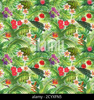 Natürlicher Hintergrund. Tropische exotische Pflanzen, grüne Blätter, Zweige und helle Blumen auf weißem Hintergrund. Aquarell handgezeichnete Illustration. Seamles Stockfoto