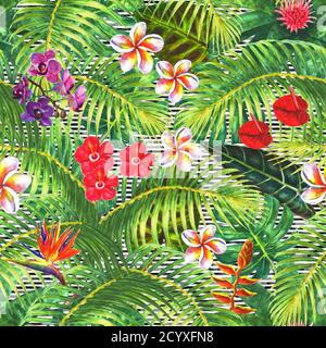 Natürlicher Hintergrund. Tropische exotische Pflanzen, grüne Blätter, Äste und helle Blumen auf gestreiftem schwarz-weißem Hintergrund. Aquarell von Hand gezeichnet ill Stockfoto