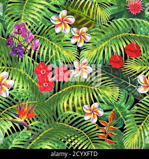 Paradiesischer Hintergrund. Tropische exotische Pflanzen, grüne Blätter, Zweige und helle Blumen auf schwarzem Hintergrund. Aquarell handgezeichnete Illustration. Seamle Stockfoto