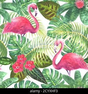 Aquarell handgezeichnete Illustration. Exotische Vögel rosa Flamingos und helle tropische Blumen und Pflanzen. Nahtloses Muster für Tapete, Textil Stockfoto