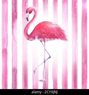 Tropischer exotischer rosa Flamingo auf vertikal gestreiftem rosa und weißem Hintergrund. Aquarell handgezeichnete Illustration. Stockfoto