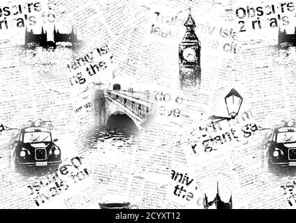 Schwarz-weiß Zeitung London Hintergrund. Textur mit handgezeichneten Symbolen von England. Big Ben Westminster Bridge Tower Thames Black Cab Retro Auto. Stockfoto