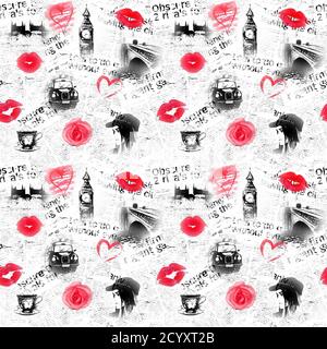 Schwarz weiß und rosa Zeitung London Grunge Hintergrund. Nahtloses Muster mit handgezeichneten Symbolen von England und l Herz, Rose, Lippenstift Kuss und Fashi Stockfoto