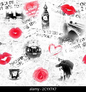 Schwarz weiß und rot Zeitung London Grunge Hintergrund. Nahtlose Textur mit handgezeichneten Symbolen von England andl Herz, Rose, Lippenstift Kuss und Mode Stockfoto