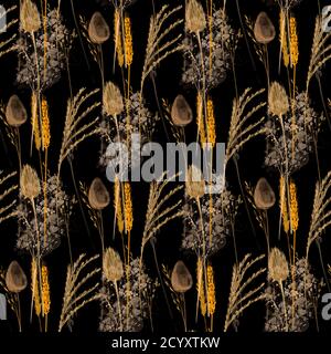 Nahtloses Muster Aquarell Illustration verschiedene Spikelets auf schwarz Stockfoto