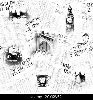 Schwarz-weiß Zeitung London Hintergrund. Nahtloses Muster mit handgezeichneten Symbolen von England. Big Ben Westminster Bridge Tower Themse Black Cab Re Stockfoto