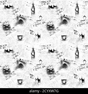 Schwarz-weiß Zeitung London Hintergrund. Nahtlose Textur mit handgezeichneten Symbolen von England. Big Ben Westminster Bridge Tower Themse Black Cab Re Stockfoto