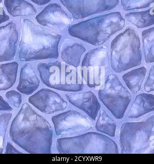 Blau und grau abstrakten Steinplatte Hintergrund. Geometrisches Nahtmuster. Aquarell handgezeichnete Illustration. Stockfoto