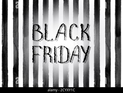 Black Friday Sale Poster mit handgezeichneten Aquarell-Schriftzug auf gestreiftem Aquarell schwarz und weiß Hintergrund. Horizontale Abbildung. Stockfoto