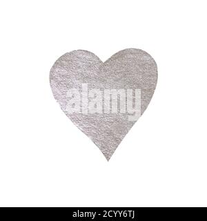 Silbernes handgezeichnetes Herz, isoliert auf weißem Hintergrund. Silberne Metallstruktur. Stockfoto