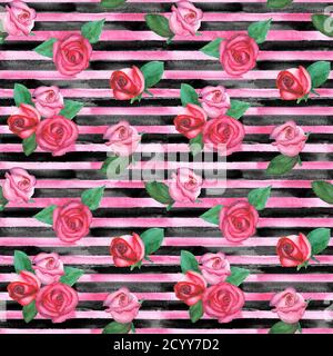 Aquarell handgezeichnetes horizontales nahtloses Muster mit rosa und schwarzen Streifen und roten und rosa Rosen. Aquarell gestreift Rosen Mode Textur. Stockfoto