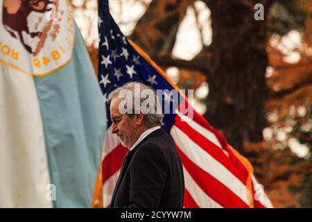 Gettysburg, PA, USA - November 11. 2012: Der bekannte Filmregisseur Steven Spielberg spricht bei der jährlichen Veranstaltung zur Erinnerung an Lincoln's Address im Soldi Stockfoto