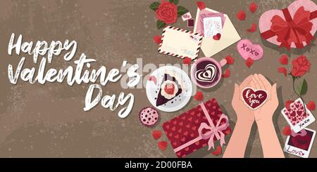 Nette horizontale Poster mit Valentinstag Elemente Grüße, Vektor-Illustration in flachen Cartoon-Stil. Für Text platzieren. Flyer, Einladung, Poster, Stock Vektor