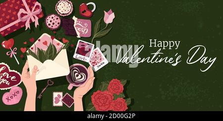 Nette horizontale Poster mit Valentinstag Elemente Grüße, Vektor-Illustration in flachen Cartoon-Stil. Für Text platzieren. Flyer, Einladung, Poster, Stock Vektor