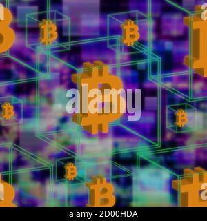 Ein abstraktes futuristisches 3d Bitcoin Blockkette Hintergrundbild. Stockfoto