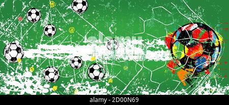 Fußball oder Fußball-Illustration mit Fußballbällen und Spielfeld, super Grunge-Stil, Vektor-Panorama-Format Stock Vektor