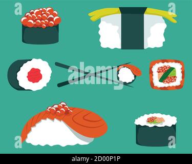 Sushi-Set. Sushi-Sticks. Japanisches Essen. Cartoon-Set isoliert auf einem weißen Hintergrund - Vektor-Illustration. Stock Vektor
