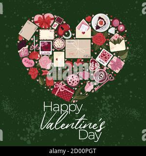 Niedliche Poster mit Valentinstag Elemente Grüße, Herz Form Rahmen, Vektor-Illustration in flachen Cartoon-Stil. Flyer, Einladung, Poster, Brochur Stock Vektor