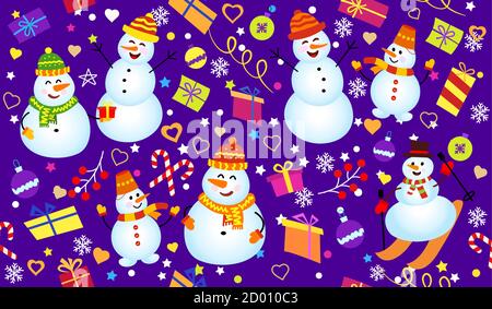 Wintermuster mit Schneemännern, Schneeflocken und Geschenken. Familie Schneemann auf dunkelblauem Hintergrund. Vektor Nahtloses Muster. Kann für Weihnachtskarten oder Geschenkpapier verwendet werden. Stock Vektor