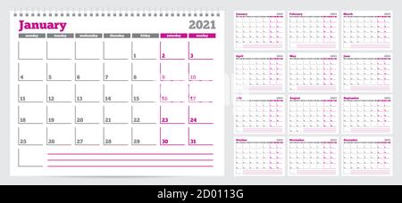 Kalenderplaner Vorlage 2021. Woche ab Montag. Set von 12 Monaten. Bereit zum Drucken. Vektorgrafik Stock Vektor