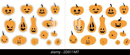 Aufkleber-Set. Vektor-Illustrationen für Halloween-Design isoliert auf weißem Hintergrund. Kürbis Kollektion. Gruselig, lächelnd, lustig orange Kürbisse. Stock Vektor