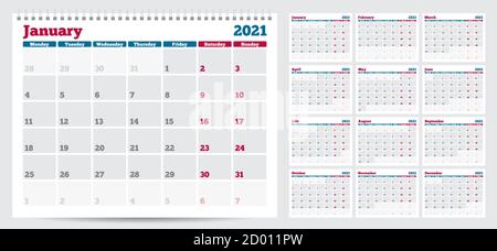 Kalenderplaner Vorlage 2021. Woche ab Montag. Set von 12 Monaten. Bereit zum Drucken. Vektorgrafik Stock Vektor
