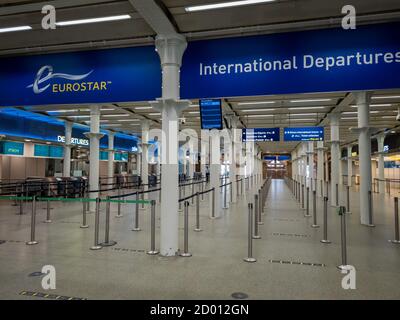 Eurostar Ausgangspunkt im St. Pancras International Railway Station mit Passagierzahlen schwer von Covid-19 Pandemie betroffen. Stockfoto