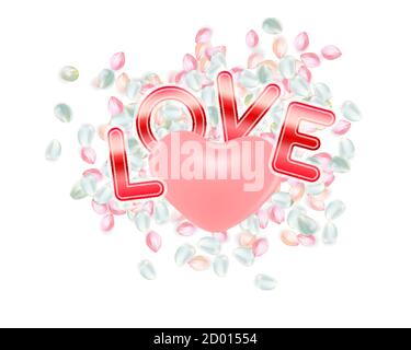 Valentinstagskonzept mit rosa Herz, Blütenblättern und Schriftzug Love. Schöne abstrakte Hintergrund für 14 Februar. Niedliche romantische Komposition Stock Vektor
