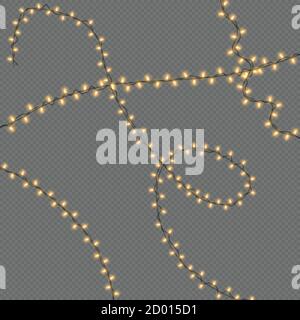 Weihnachtsbeleuchtung isoliert auf einem transparenten Hintergrund. Weihnachten elektrische Girlande von gelben Glühbirnen für Weihnachten Grußkarte, Banner Stock Vektor