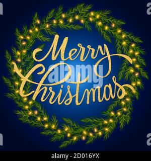 Frohe Weihnachten Glitzer Schriftzug in Tannenzweigen Kranz mit leuchtender Girlande. Weihnachtliche dunkle Hintergrund mit leuchtenden Lichtern Stock Vektor