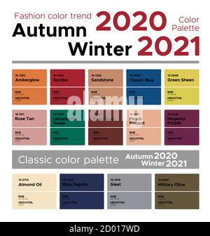 Mode Farbe Trend Herbst Winter 2020-2021. Palette Fashion Colors Guide mit benannten Farbfeldern, RGB, HEX Farben. Stock Vektor