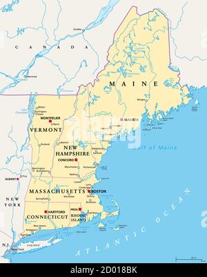 Neuengland Region der Vereinigten Staaten von Amerika, politische Karte. Maine, Vermont, New Hampshire, Massachusetts, Rhode Island und Connecticut. Stockfoto