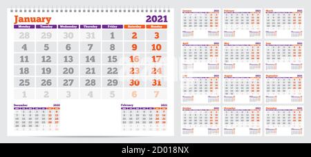 Kalender 2021. Woche ab Montag. Set von 12 Monaten. Bereit zum Drucken. Vektorgrafik Stock Vektor